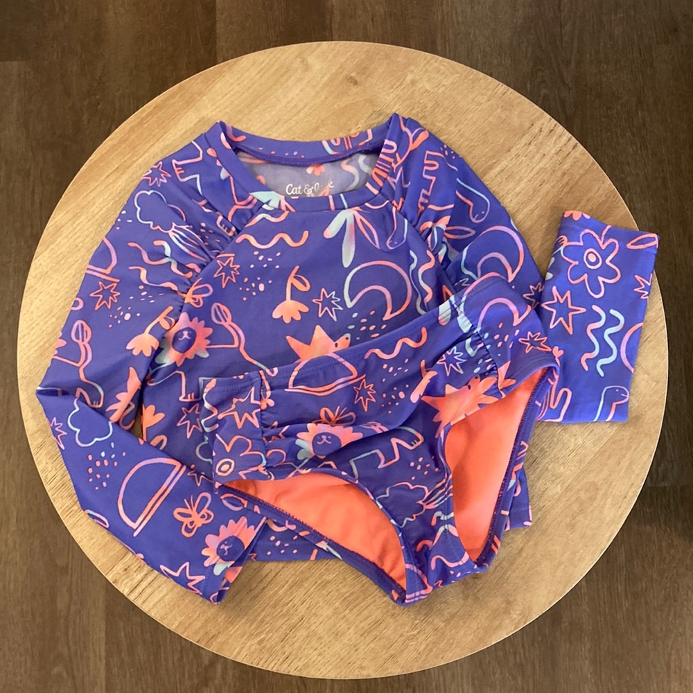 Cat and Jack 4T Long sleeve Purple Rash Guard Top with Bottoms